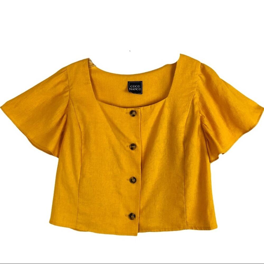 Coco Bianco yellow linen cottagecore trnedy button boxy ruffle crop top medium